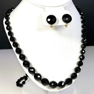 MCM Jet Black Faceted Glass Graduated Bead Necklace Earring Set Opera Length 35"